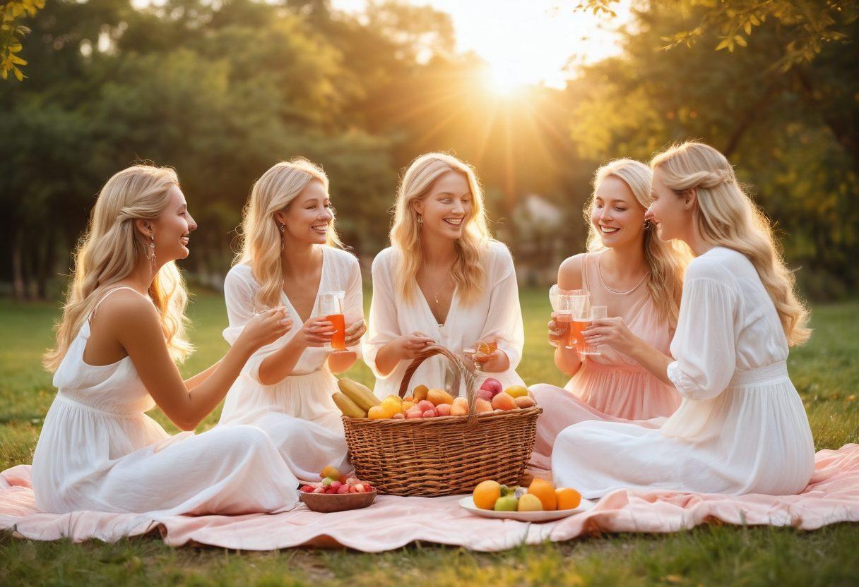 A serene setting featuring a group of joyful blonde women, elegantly adorned in flowing light fabrics, enjoying a vibrant outdoor picnic under a picturesque sunset. The scene radiates warmth, capturing laughter and connection, with dreamy bokeh lights in the background. Infuse elements of artful sensuality, such as gentle touches and soft gazes between the women, to evoke a sense of pleasure and bliss. Emphasize bright, pastel colors to enhance the joyful atmosphere. super-realistic. vibrant colors. idyllic setting.