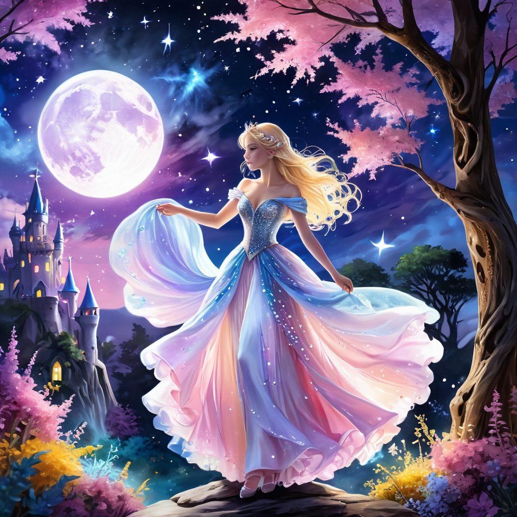 An ethereal scene featuring a whimsical fantasy realm with glamorous blonde characters, adorned in sparkling attire, engaging in playful, ecstatic activities. Surround them with enchanting landscapes, magical creatures, and vibrant colors that evoke excitement and allure. The sky is filled with soft pastel hues, and shimmering stars accent the atmosphere, creating a dreamlike quality. Incorporate elements of light, laughter, and allure to enhance the theme of excitement. digital painting. vibrant colors. fantasy style.